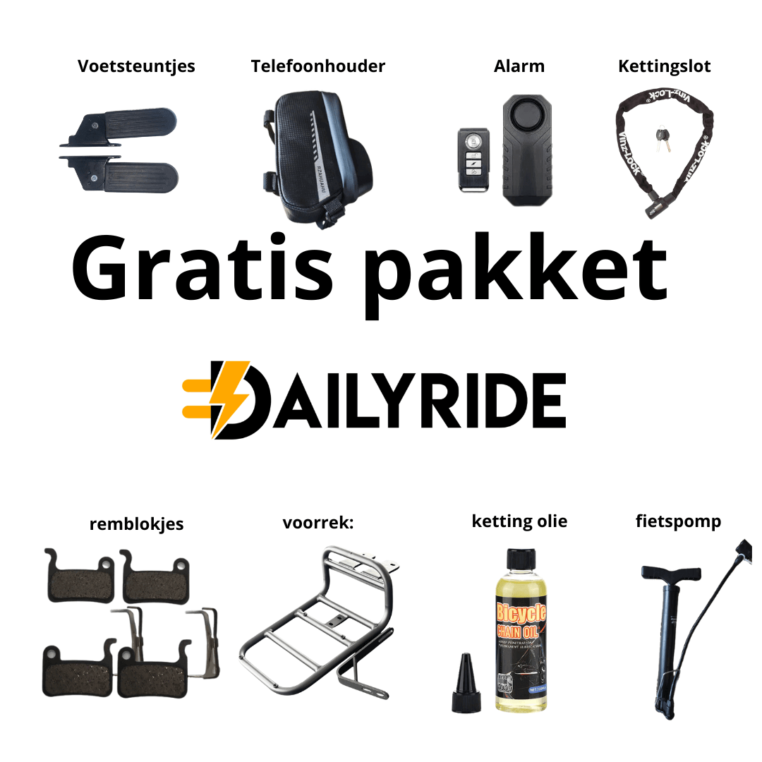 Gratis accesoires - OUXI H9 | Voorrek | Voetsteuntjes | Alarm | Kettingslot | 4 Remblokken | Kettingolie | Fietspomp - Dailyride