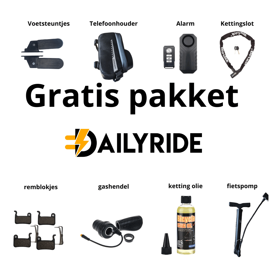 Gratis accesoires - V20 Max | Gashendel | Voetsteuntjes | Alarm | Kettingslot | 4 Remblokken | Kettingolie | Fietspomp - Dailyride